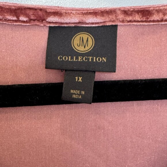 JM Collection Pink Crushed Velvet V-Neck 3/4 Length Sleeves Embroidery Top EUC - Picture 3 of 8